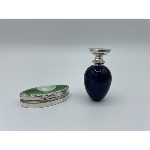 34 - Sterling Silver Green Enamel Pill Box (Birmingham 1911) & Sterling Silver Purple Enamel Sterling Sil... 