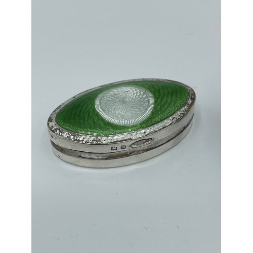 34 - Sterling Silver Green Enamel Pill Box (Birmingham 1911) & Sterling Silver Purple Enamel Sterling Sil... 