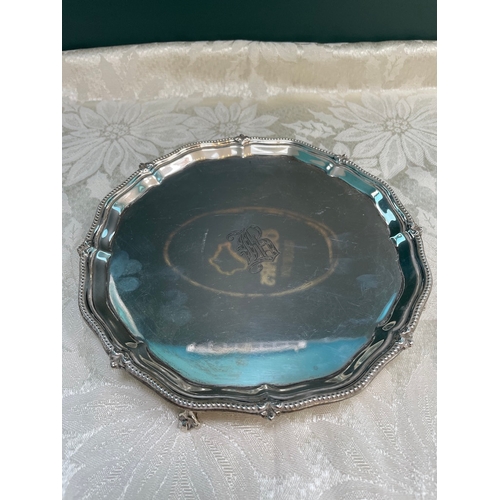 37 - A lovely Edwardian Sterling Silver Salver Raised on Claw & Ball Feet , Monogrammed to the centre. Sh... 