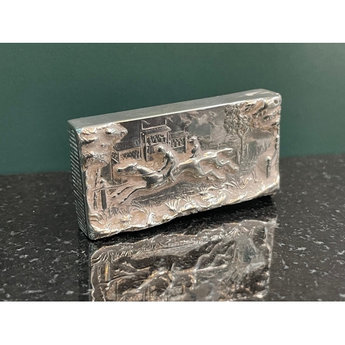 44 - Antique Sterling Silver Embossed Hunting Scene Match Striker - Chester 1889 - 24g