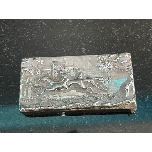 44 - Antique Sterling Silver Embossed Hunting Scene Match Striker - Chester 1889 - 24g