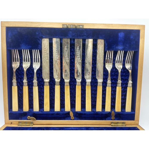 60 - Silver plate and bone handled cutlery box set