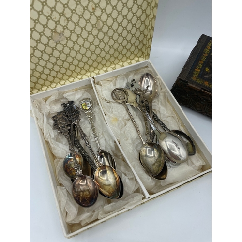 63 - Quantity of plated decorative tea spoons + sterling silver condiment spoons + Eastern box