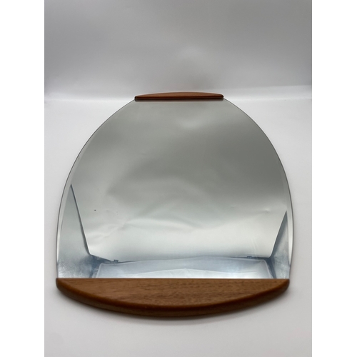 266 - Mid Century Teak Bevelled Glass Wall Mirror - 66cm x 38cm