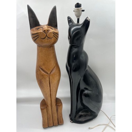 274 - Vintage Black Plaster Cat Table Lamp (a/f) + Wooden cat ornament approx 65cm each