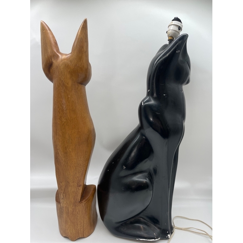 274 - Vintage Black Plaster Cat Table Lamp (a/f) + Wooden cat ornament approx 65cm each