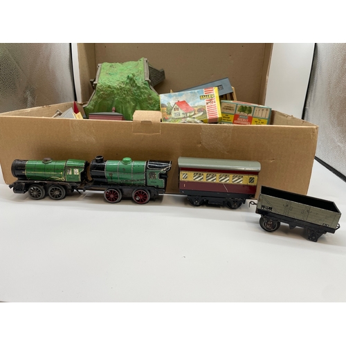 88 - Collection of vintage train set scenery / buildings plus tin plate Hornby engines / carriages