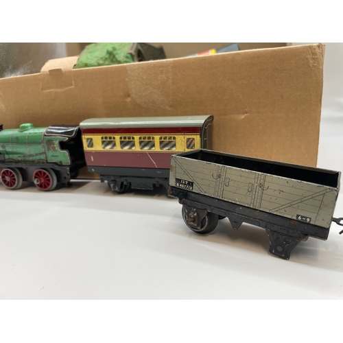 88 - Collection of vintage train set scenery / buildings plus tin plate Hornby engines / carriages