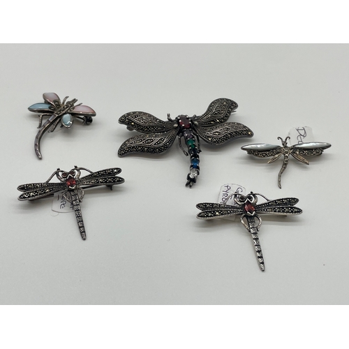 64 - Lot of Five Edwardian Silver Marquisette Dragon Fly Brooches with various inset stones