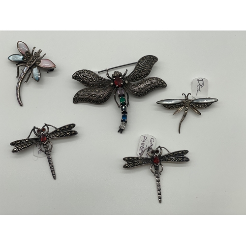 64 - Lot of Five Edwardian Silver Marquisette Dragon Fly Brooches with various inset stones