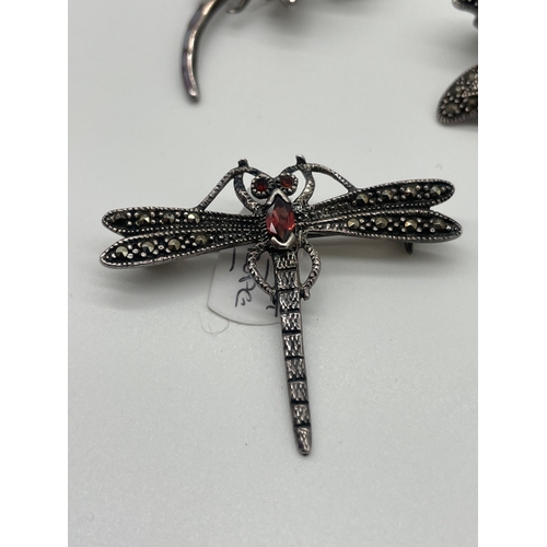 64 - Lot of Five Edwardian Silver Marquisette Dragon Fly Brooches with various inset stones