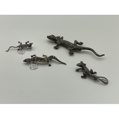 65 - Lot of Four Edwardian Silver Marquisette with inlaid stone Lizard Brooches