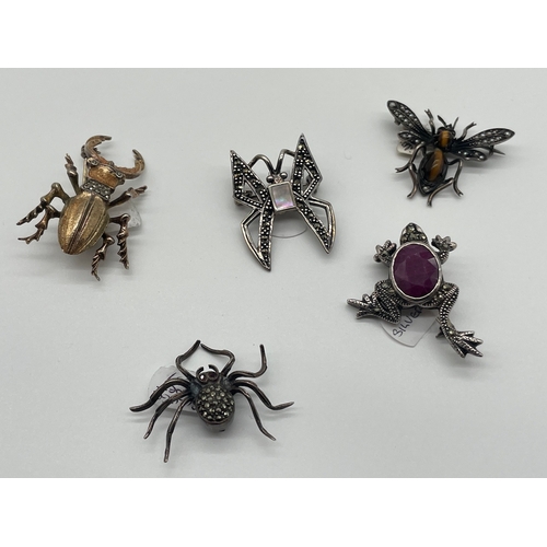 66 - Lot of Five Edwardian Silver Marquisette with inlaid stone Insects