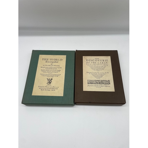 77 - Two cased leather bound books - The World encompassed by Sir Francis Drake + The Discovery of The Di... 