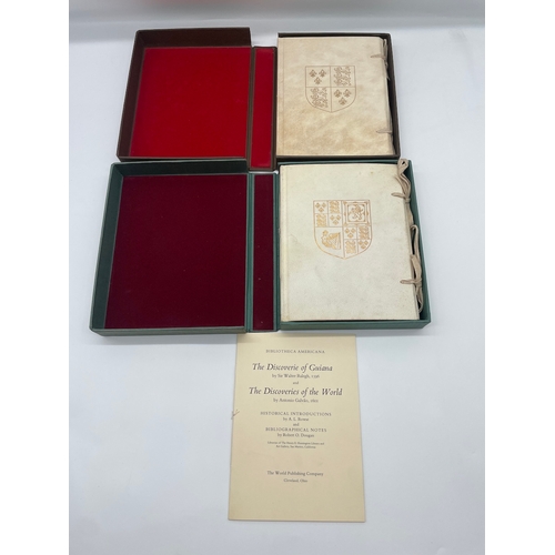 77 - Two cased leather bound books - The World encompassed by Sir Francis Drake + The Discovery of The Di... 