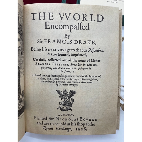 77 - Two cased leather bound books - The World encompassed by Sir Francis Drake + The Discovery of The Di... 