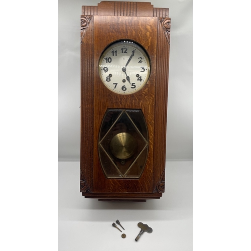 69 - Art Deco Oak Cased Regulator Wall Clock by Junghans - 68cm x 18cm x 30cm