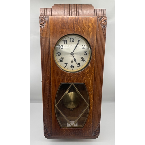 69 - Art Deco Oak Cased Regulator Wall Clock by Junghans - 68cm x 18cm x 30cm