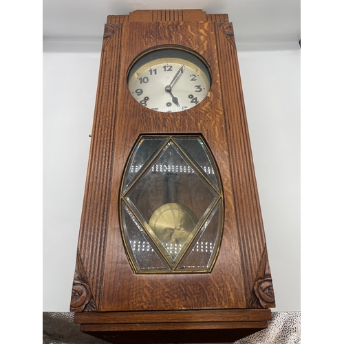 69 - Art Deco Oak Cased Regulator Wall Clock by Junghans - 68cm x 18cm x 30cm