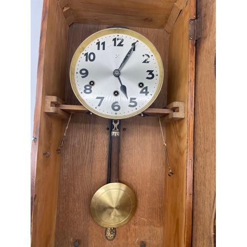 69 - Art Deco Oak Cased Regulator Wall Clock by Junghans - 68cm x 18cm x 30cm