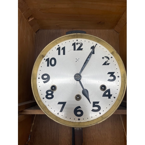 69 - Art Deco Oak Cased Regulator Wall Clock by Junghans - 68cm x 18cm x 30cm