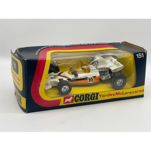 29 - Vintage Boxed Corgi 151 Yardley McLaren m19a Formula 1 + John Player Special whizz Wheels by Corgi