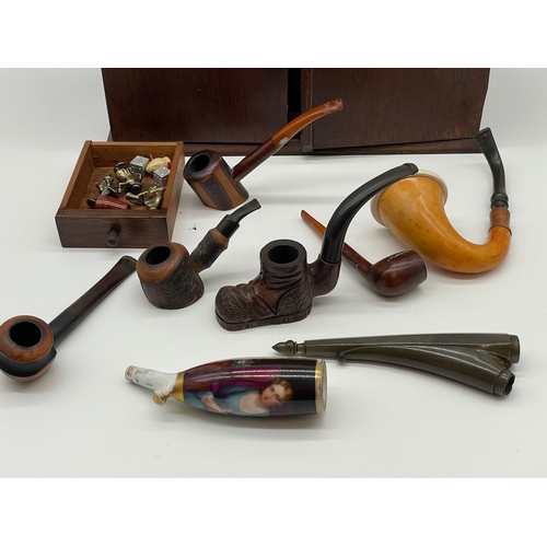 62 - Vintage Pipe Smokers Cabinet with collection of pipes and ephemera