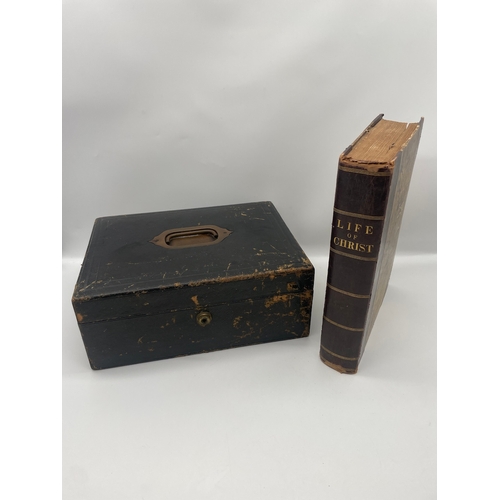 71 - 19th century Bramah Lock Leather Correspondence Box + Leather bound The Life of Jesus Christ 1843