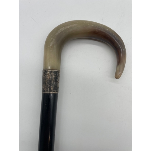 73 - Bone Handled & Silver Band Walking Cane + Gembok? Walking Cane