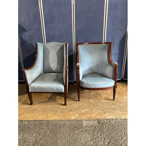 185 - Two beautiful Edwardian Mahogany Framed upholstered sky blue armchairs 

Please see images for dimen... 