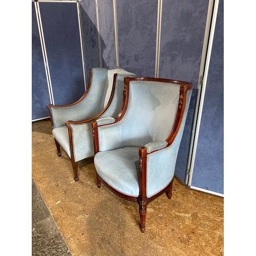 185 - Two beautiful Edwardian Mahogany Framed upholstered sky blue armchairs 

Please see images for dimen... 