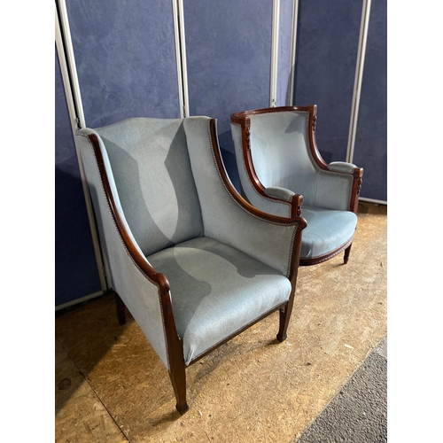 185 - Two beautiful Edwardian Mahogany Framed upholstered sky blue armchairs 

Please see images for dimen... 