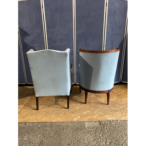 185 - Two beautiful Edwardian Mahogany Framed upholstered sky blue armchairs 

Please see images for dimen... 