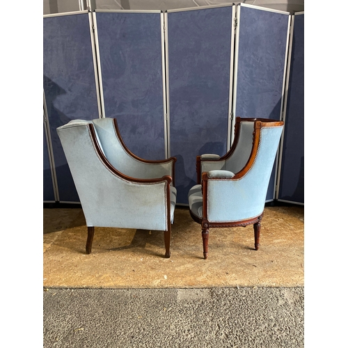 185 - Two beautiful Edwardian Mahogany Framed upholstered sky blue armchairs 

Please see images for dimen... 