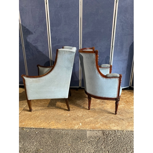 185 - Two beautiful Edwardian Mahogany Framed upholstered sky blue armchairs 

Please see images for dimen... 