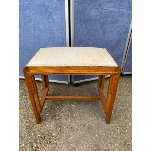 247 - Mid century teak sewing machine table and upholstered stool. 

Please see images for dimensions.