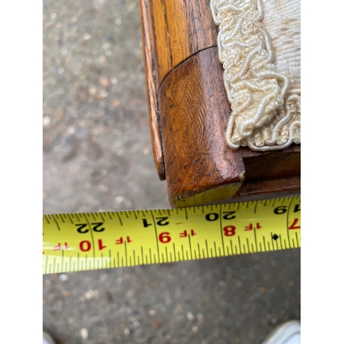 247 - Mid century teak sewing machine table and upholstered stool. 

Please see images for dimensions.