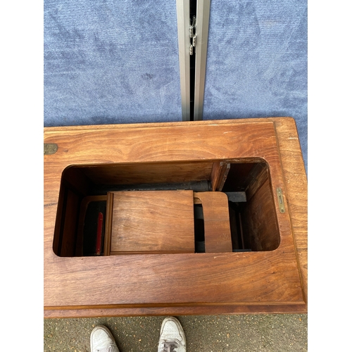 247 - Mid century teak sewing machine table and upholstered stool. 

Please see images for dimensions.