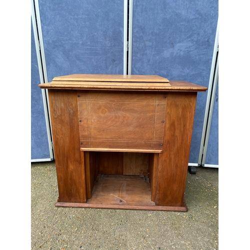 247 - Mid century teak sewing machine table and upholstered stool. 

Please see images for dimensions.