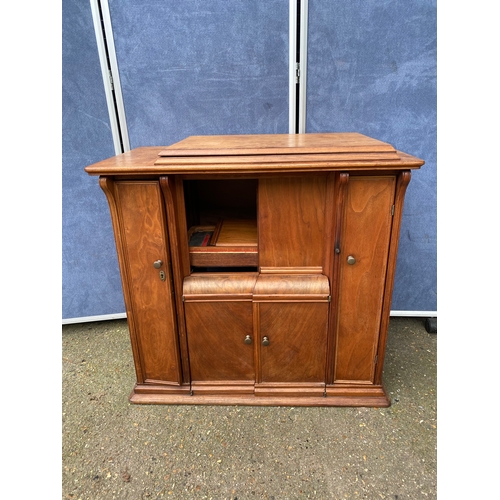 247 - Mid century teak sewing machine table and upholstered stool. 

Please see images for dimensions.