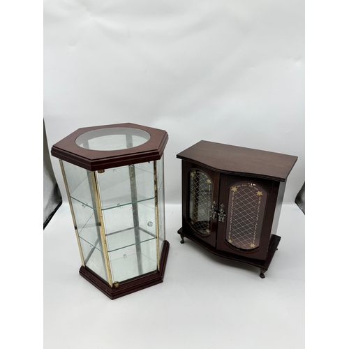 10 - Miniature glass display case + antique styled jewellery box