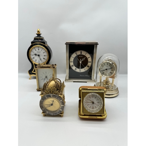 11 - Lot of six mantle clocks of varying designs inc Swiza 8 Day Lantern Clock