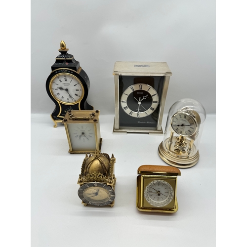 11 - Lot of six mantle clocks of varying designs inc Swiza 8 Day Lantern Clock