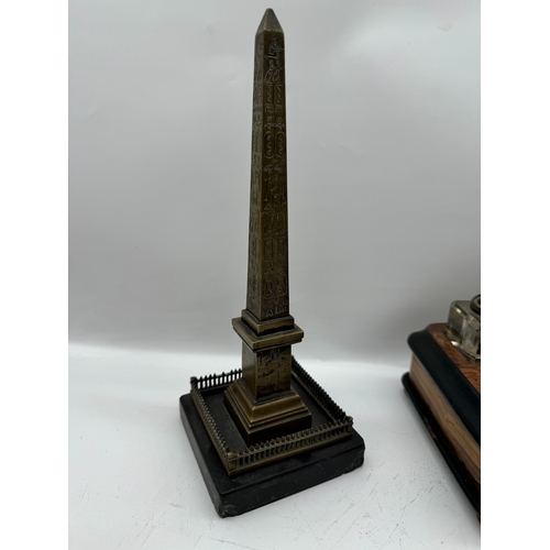 13 - Quantity of antique / vintage goods including brass obelisk, writers stand, bell, hip flasks