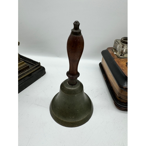 13 - Quantity of antique / vintage goods including brass obelisk, writers stand, bell, hip flasks