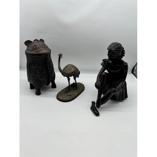 89 - Bronze effect lidded pourer, brass Ostrich ornament + resin ballerina