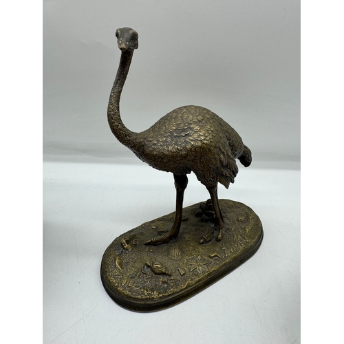 89 - Bronze effect lidded pourer, brass Ostrich ornament + resin ballerina