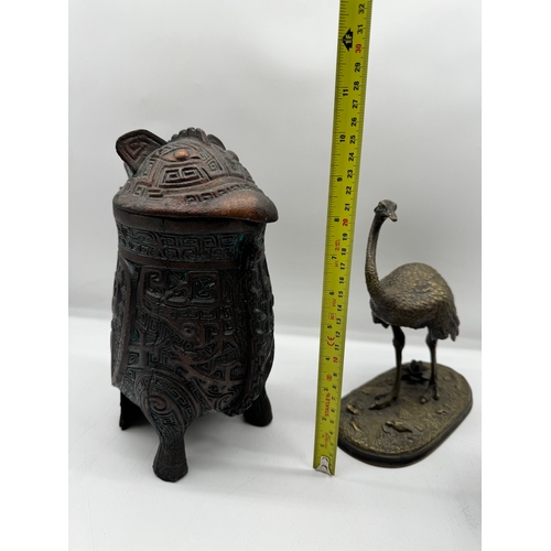 89 - Bronze effect lidded pourer, brass Ostrich ornament + resin ballerina