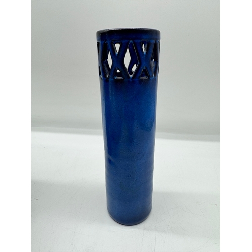 92 - The Friars Studio pottery cylindrical vase + 1 other signed AK