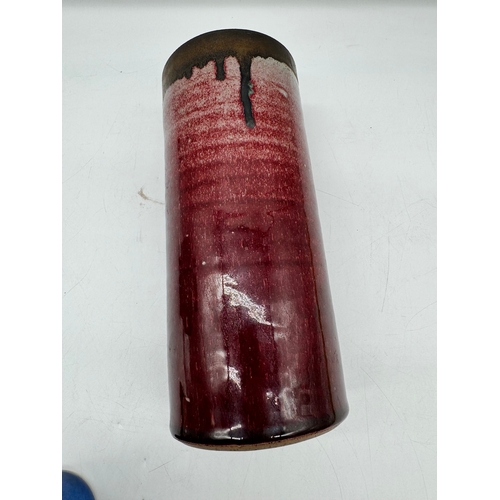 92 - The Friars Studio pottery cylindrical vase + 1 other signed AK